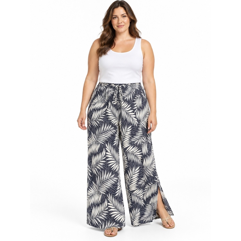 NWT Lands' End Beach Pants Womens L Navy White Tropical Wide Leg Side Slit 1099